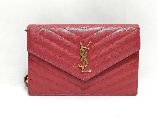 SAINT LAURENT Yves Saint Laurent Envelope Wallet on Chain in Red Quilted Grain de Poudre Leather with Gold GNC 393953 1118 Shoulder Bag