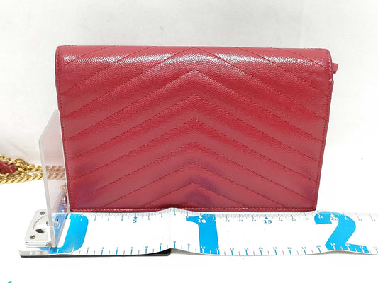 SAINT LAURENT Yves Saint Laurent Envelope Wallet on Chain in Red Quilted Grain de Poudre Leather with Gold GNC 393953 1118 Shoulder Bag