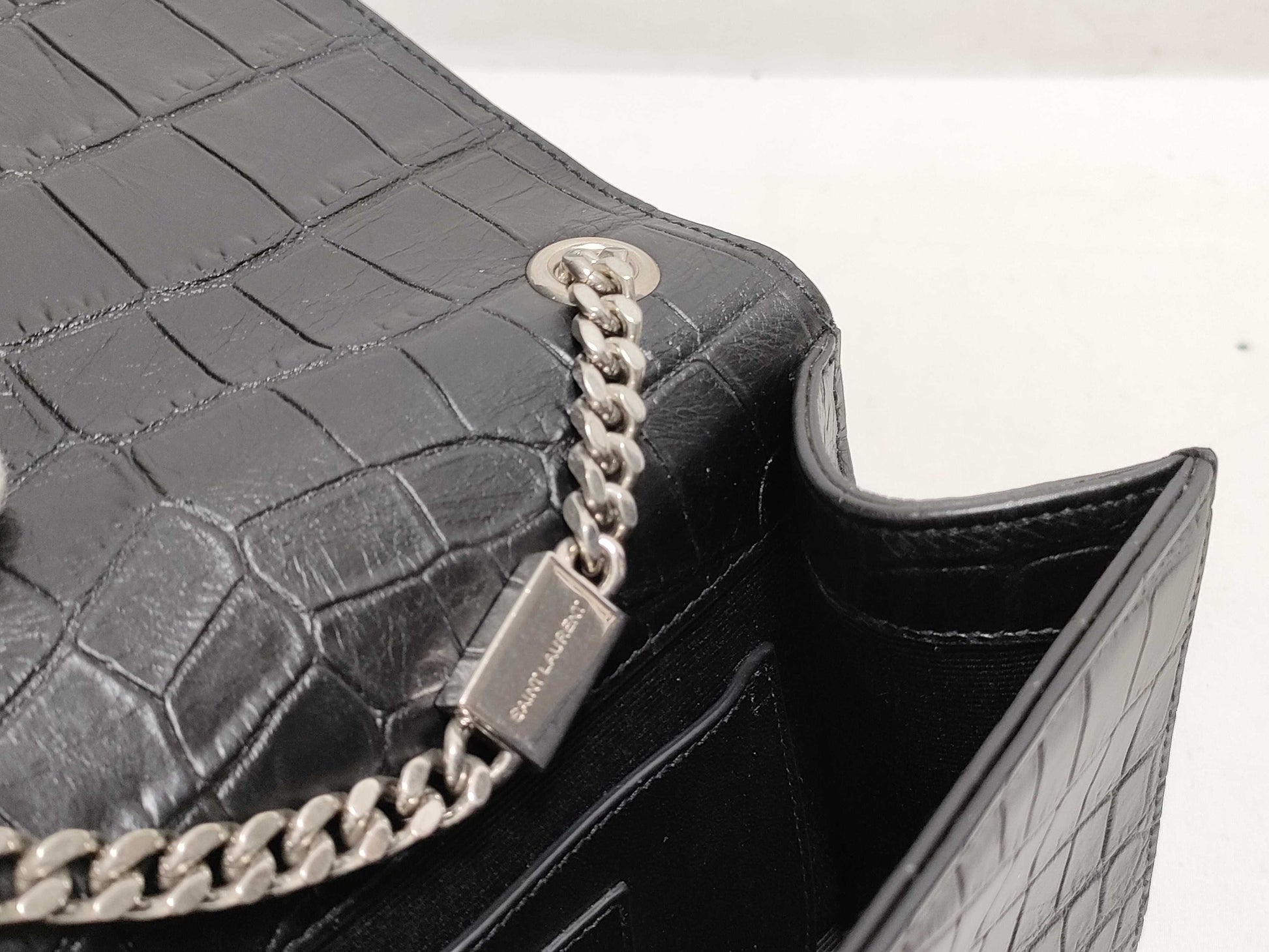 SAINT LAURENT Yves Saint Laurent Mini Tassel Kate Shoulder Bag in Black Crocodile-Embossed Leather with Silver DMR 344120 0716