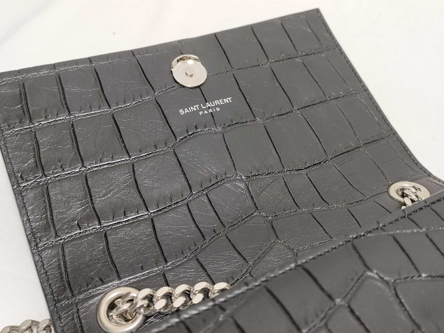 SAINT LAURENT Yves Saint Laurent Mini Tassel Kate Shoulder Bag in Black Crocodile-Embossed Leather with Silver DMR 344120 0716