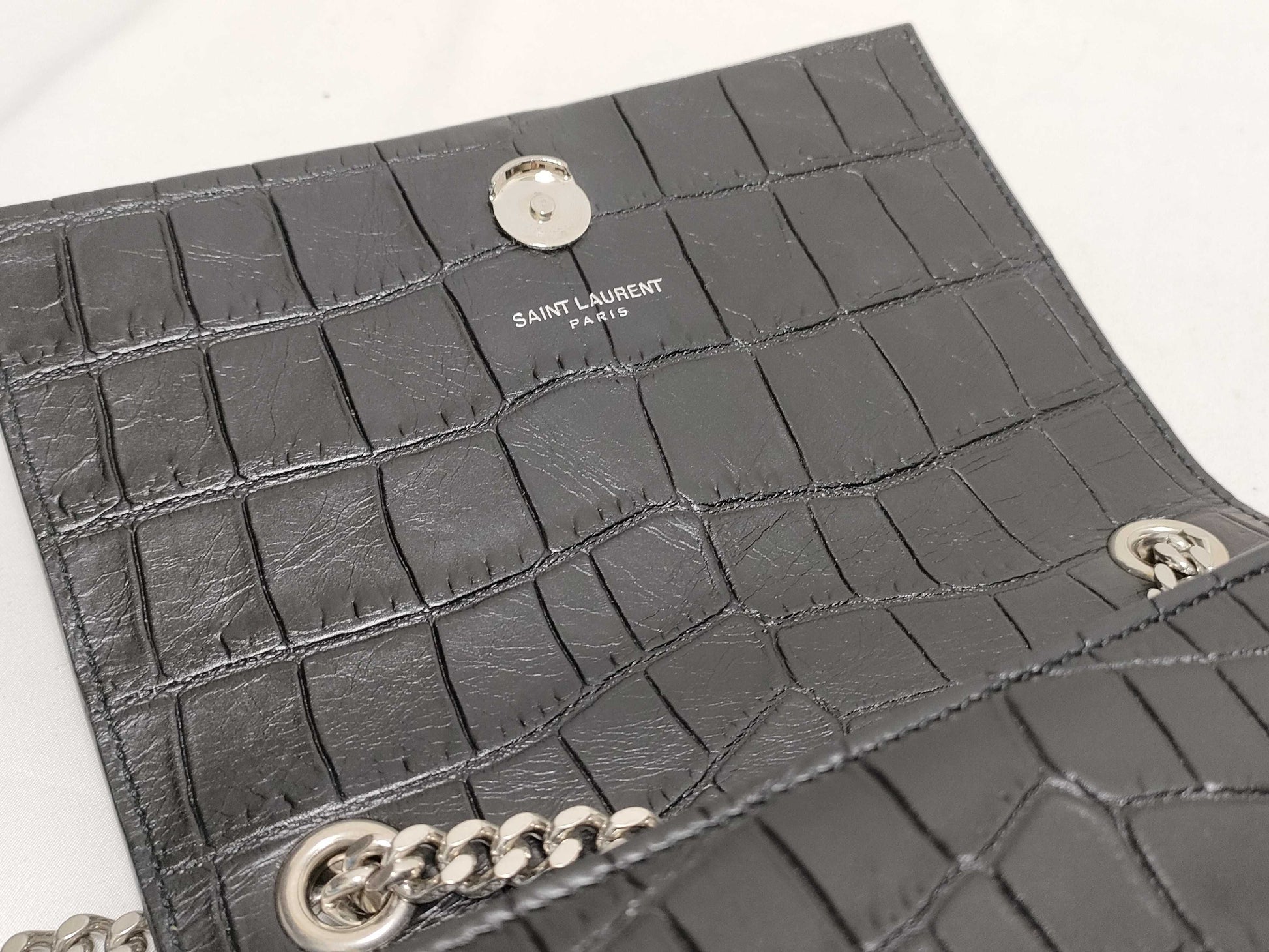 SAINT LAURENT Yves Saint Laurent Mini Tassel Kate Shoulder Bag in Black Crocodile-Embossed Leather with Silver DMR 344120 0716