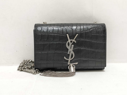 SAINT LAURENT Yves Saint Laurent Mini Tassel Kate Shoulder Bag in Black Crocodile-Embossed Leather with Silver DMR 344120 0716