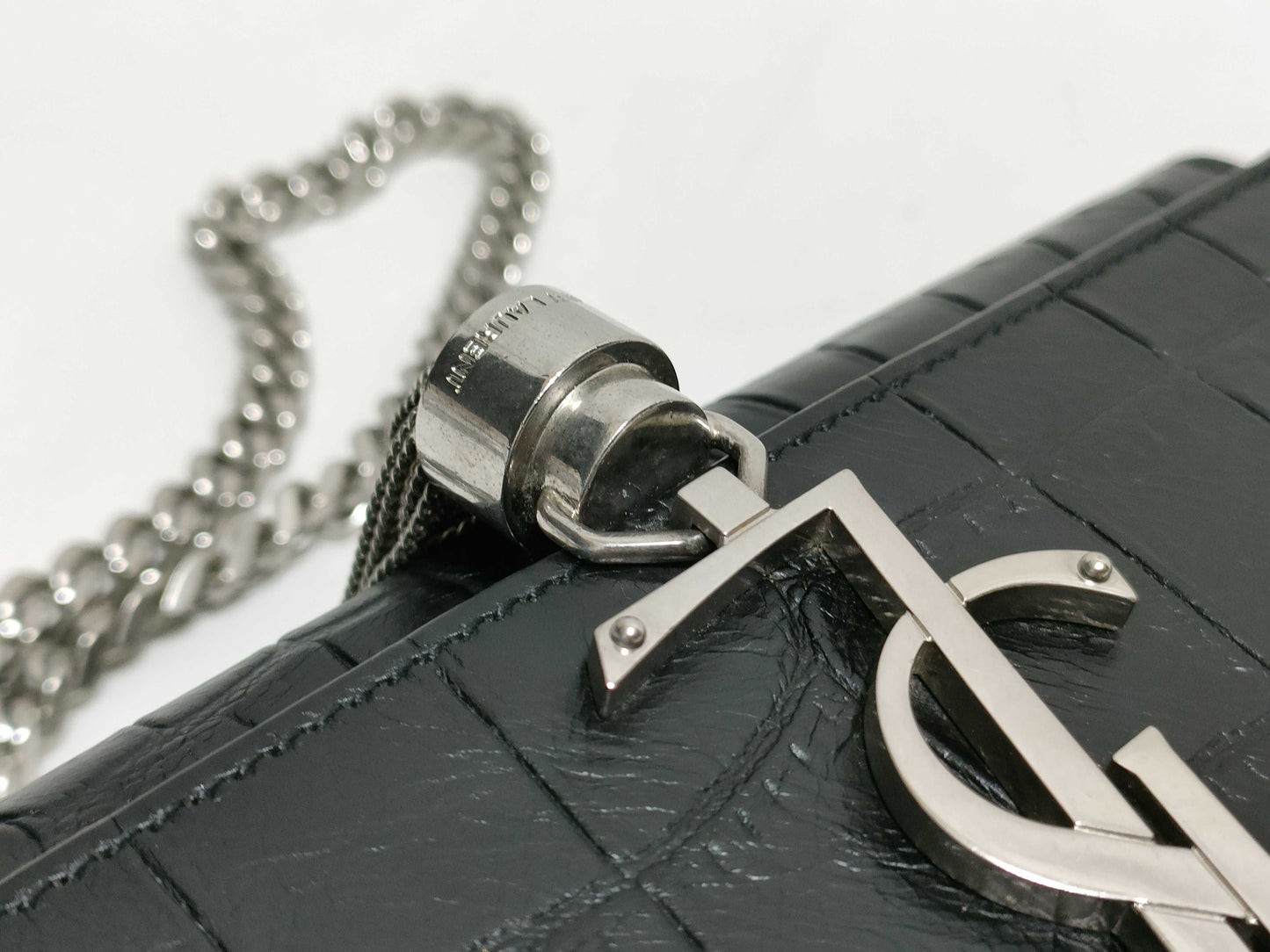 SAINT LAURENT Yves Saint Laurent Mini Tassel Kate Shoulder Bag in Black Crocodile-Embossed Leather with Silver DMR 344120 0716