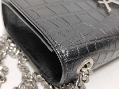 SAINT LAURENT Yves Saint Laurent Mini Tassel Kate Shoulder Bag in Black Crocodile-Embossed Leather with Silver DMR 344120 0716