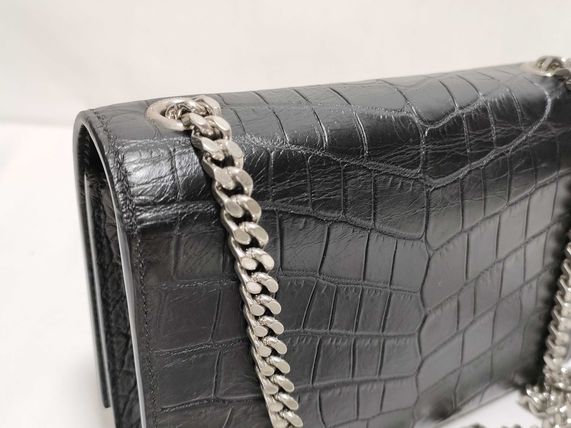 SAINT LAURENT Yves Saint Laurent Mini Tassel Kate Shoulder Bag in Black Crocodile-Embossed Leather with Silver DMR 344120 0716