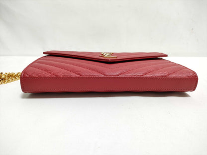 SAINT LAURENT Yves Saint Laurent Classic Cassandre Chain Wallet in Red Quilted Grain de Poudre Leather with Gold Accents Shoulder Bag
