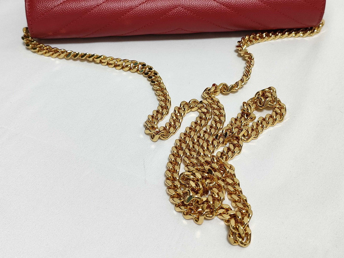 SAINT LAURENT Yves Saint Laurent Classic Cassandre Chain Wallet in Red Quilted Grain de Poudre Leather with Gold Accents Shoulder Bag