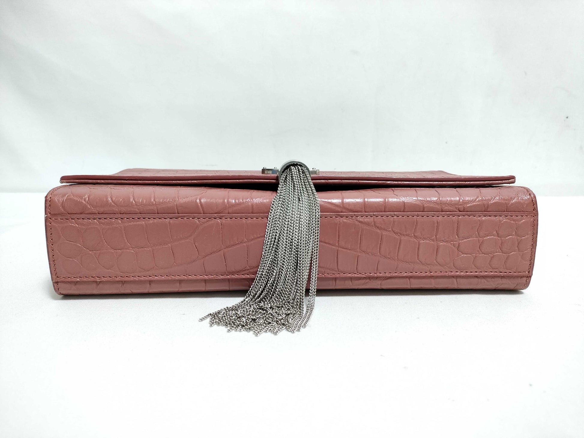 SAINT LAURENT Yves Saint Laurent Medium Tassel Kate Shoulder Bag in Peach Crocodile-Embossed Leather and Silver 