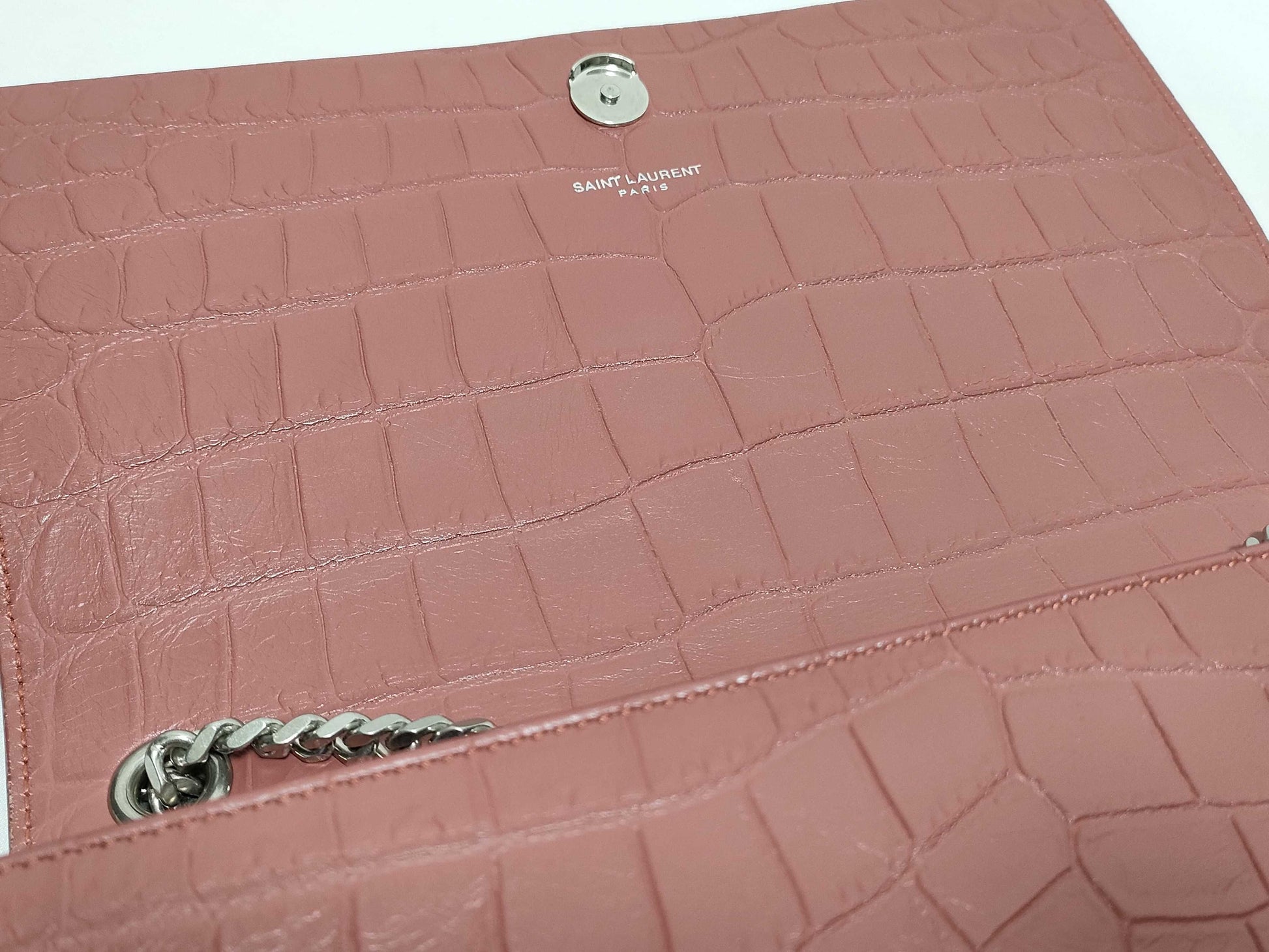 SAINT LAURENT Yves Saint Laurent Medium Tassel Kate Shoulder Bag in Peach Crocodile-Embossed Leather and Silver 
