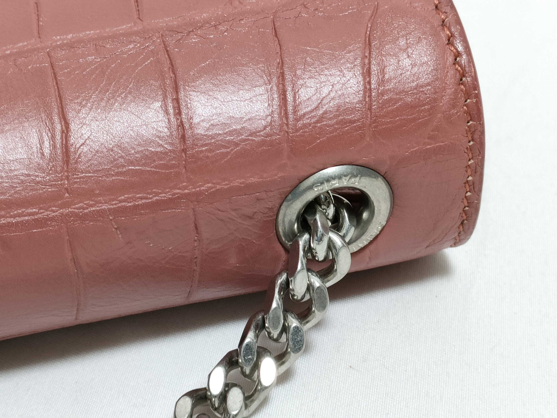 SAINT LAURENT Yves Saint Laurent Medium Tassel Kate Shoulder Bag in Peach Crocodile-Embossed Leather and Silver 