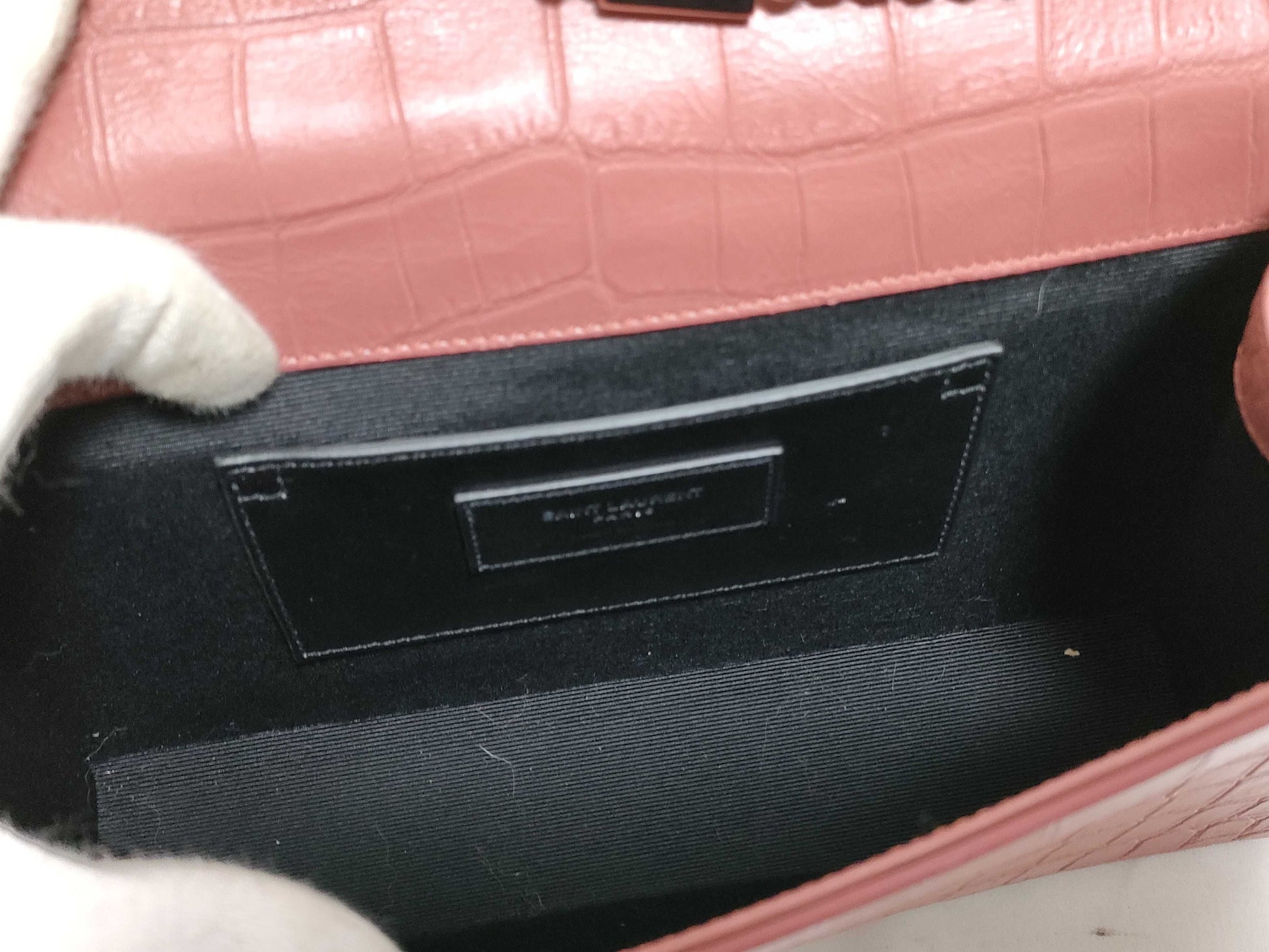 SAINT LAURENT Yves Saint Laurent Medium Tassel Kate Shoulder Bag in Peach Crocodile-Embossed Leather and Silver 