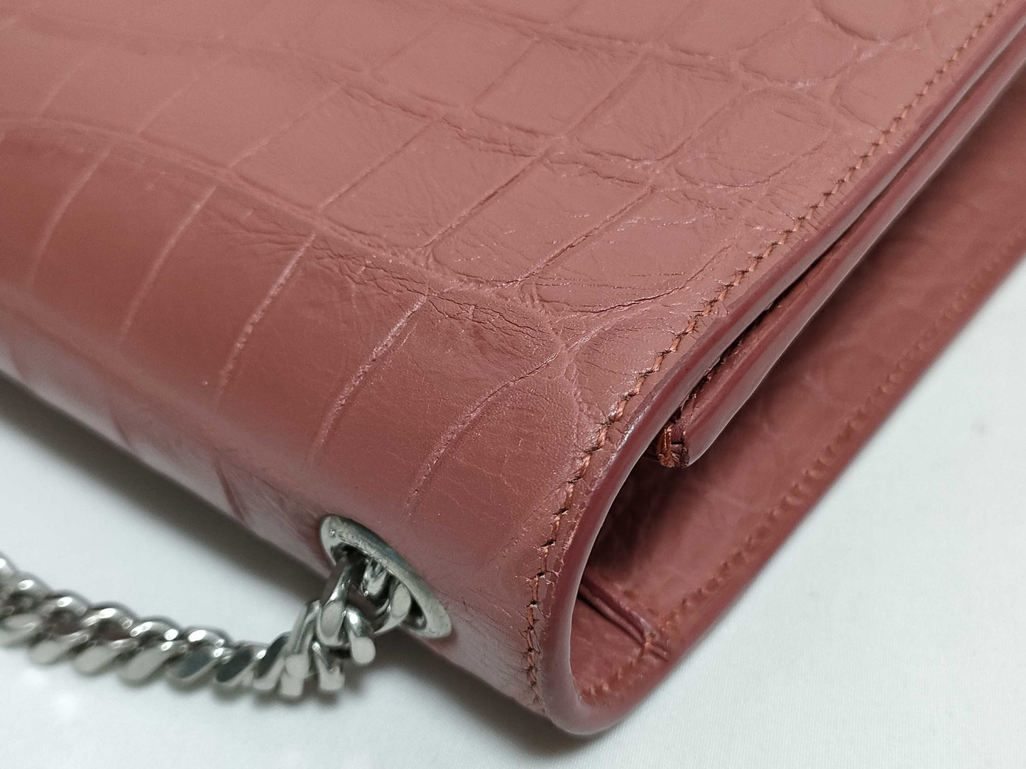 SAINT LAURENT Yves Saint Laurent Medium Tassel Kate Shoulder Bag in Peach Crocodile-Embossed Leather and Silver 