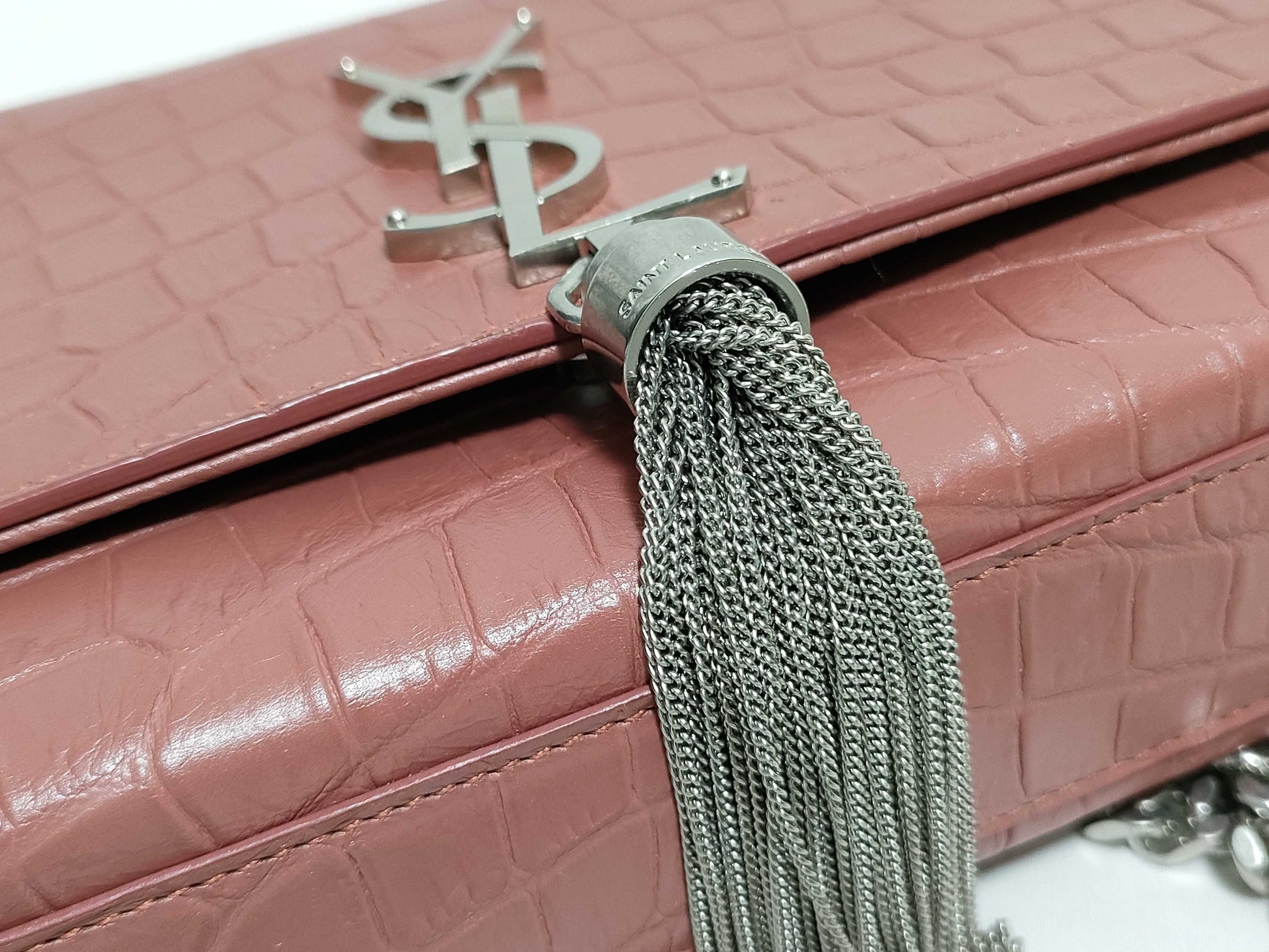 SAINT LAURENT Yves Saint Laurent Medium Tassel Kate Shoulder Bag in Peach Crocodile-Embossed Leather and Silver 