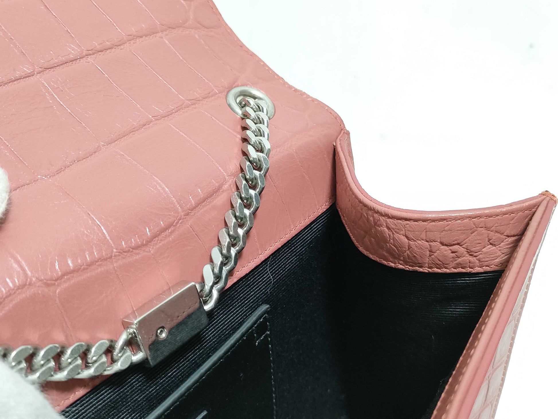 SAINT LAURENT Yves Saint Laurent Medium Tassel Kate Shoulder Bag in Peach Crocodile-Embossed Leather and Silver 