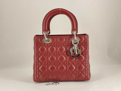 Dior Lady Dior Medium Zip Maroon Cannage Lambskin Leather Silver Handbag 96-MA-1060