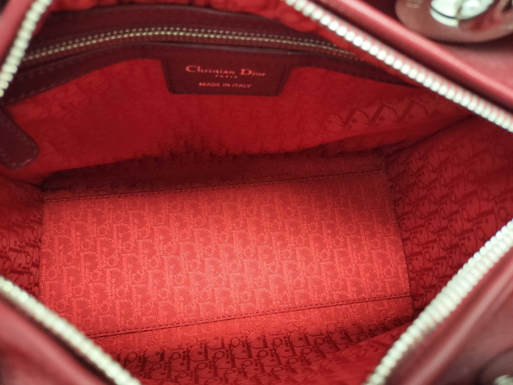 Dior Lady Dior Medium Zip Maroon Cannage Lambskin Leather Silver Handbag 96-MA-1060