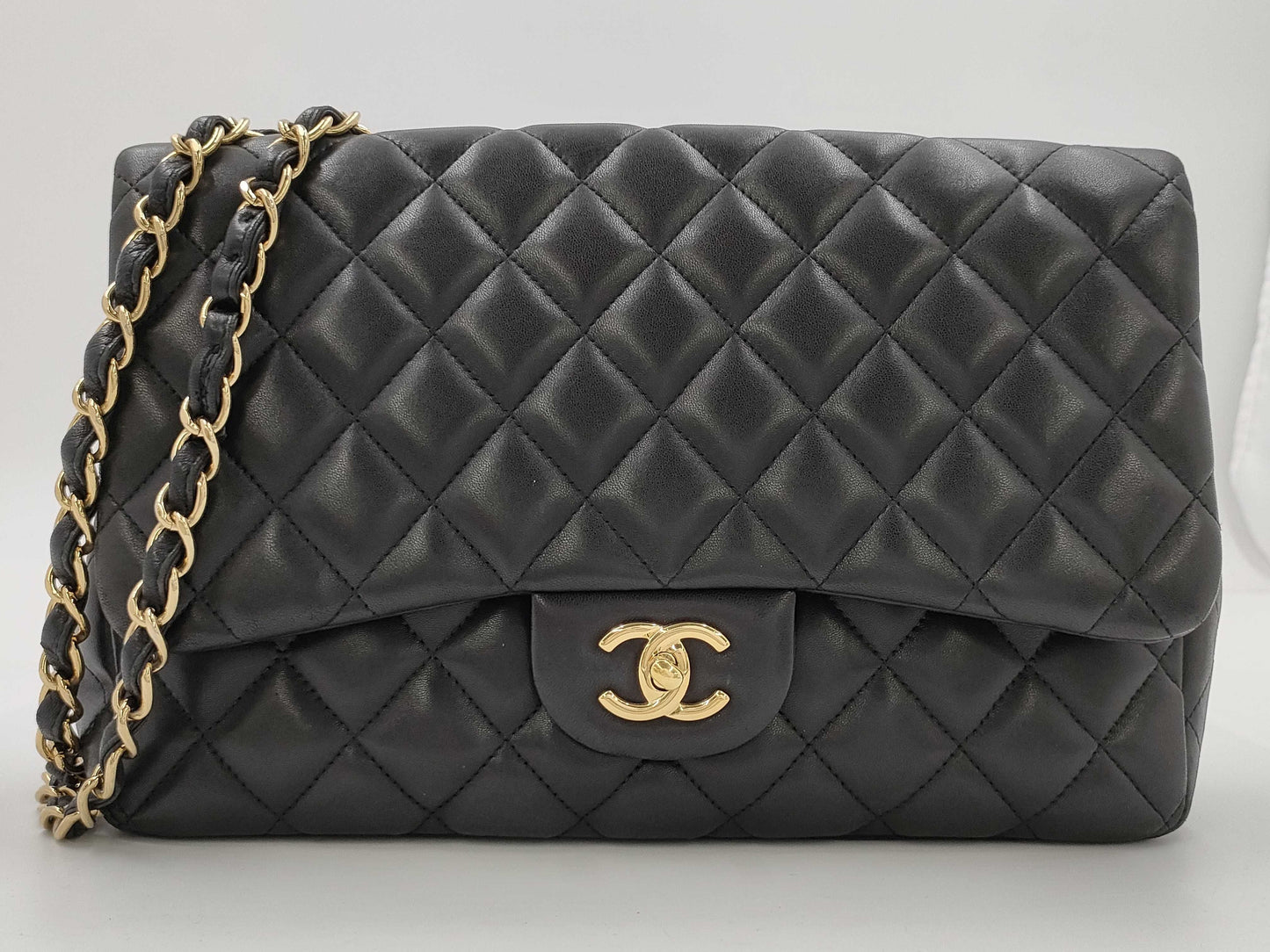 CHANEL Jumbo Classic Single Flap Shoulder Bag in Black Quilted Lambskin Leather with Gold Finish 