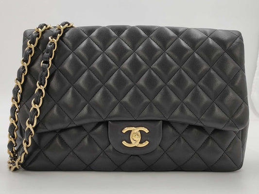 CHANEL Jumbo Classic Single Flap Shoulder Bag in Black Quilted Lambskin Leather with Gold Finish 