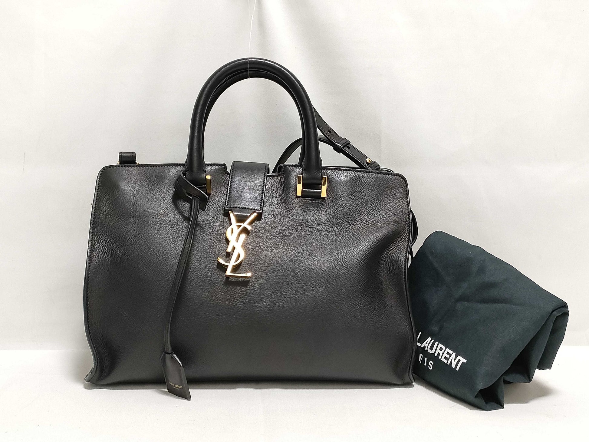 SAINT LAURENT Yves Saint Laurent Small Monogram Cabas Handbag in Black Calfskin Leather and Gold 