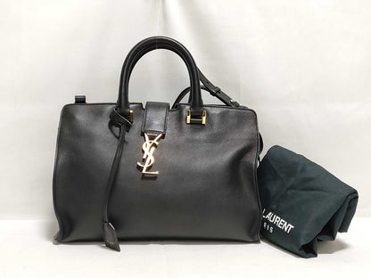 SAINT LAURENT Yves Saint Laurent Small Monogram Cabas Handbag in Black Calfskin Leather and Gold 