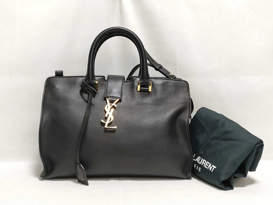 SAINT LAURENT Yves Saint Laurent Small Monogram Cabas Handbag in Black Calfskin Leather and Gold 