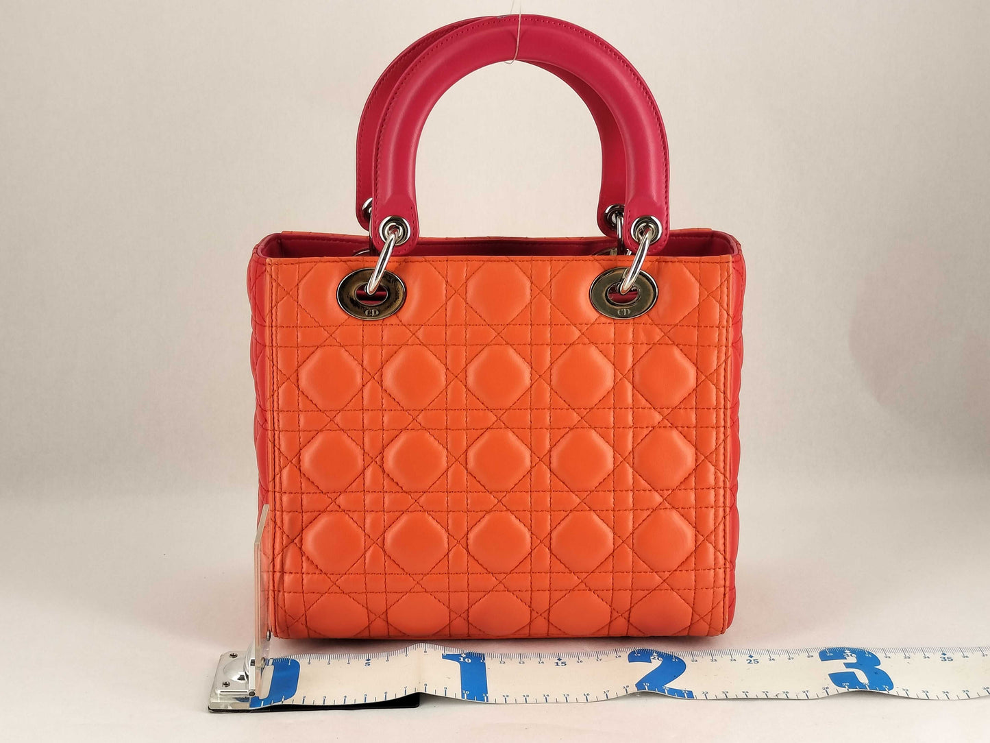 Dior Lady Dior Medium Tricolore Lady Dior Zip Handbag in Orange/Fuchsia/Red Cannage Lambskin Leather with Silver 15-BO-0133
