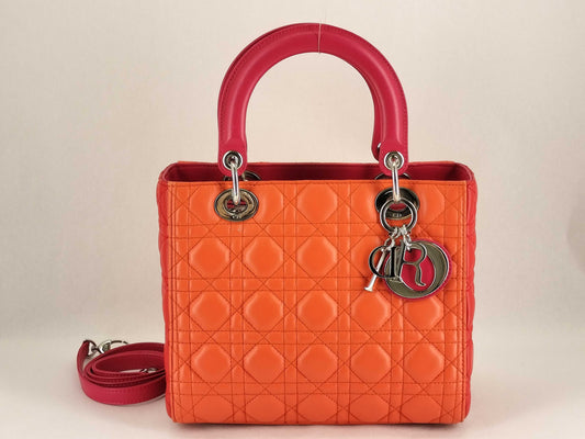 Dior Lady Dior Medium Tricolore Lady Dior Zip Handbag in Orange/Fuchsia/Red Cannage Lambskin Leather with Silver 15-BO-0133