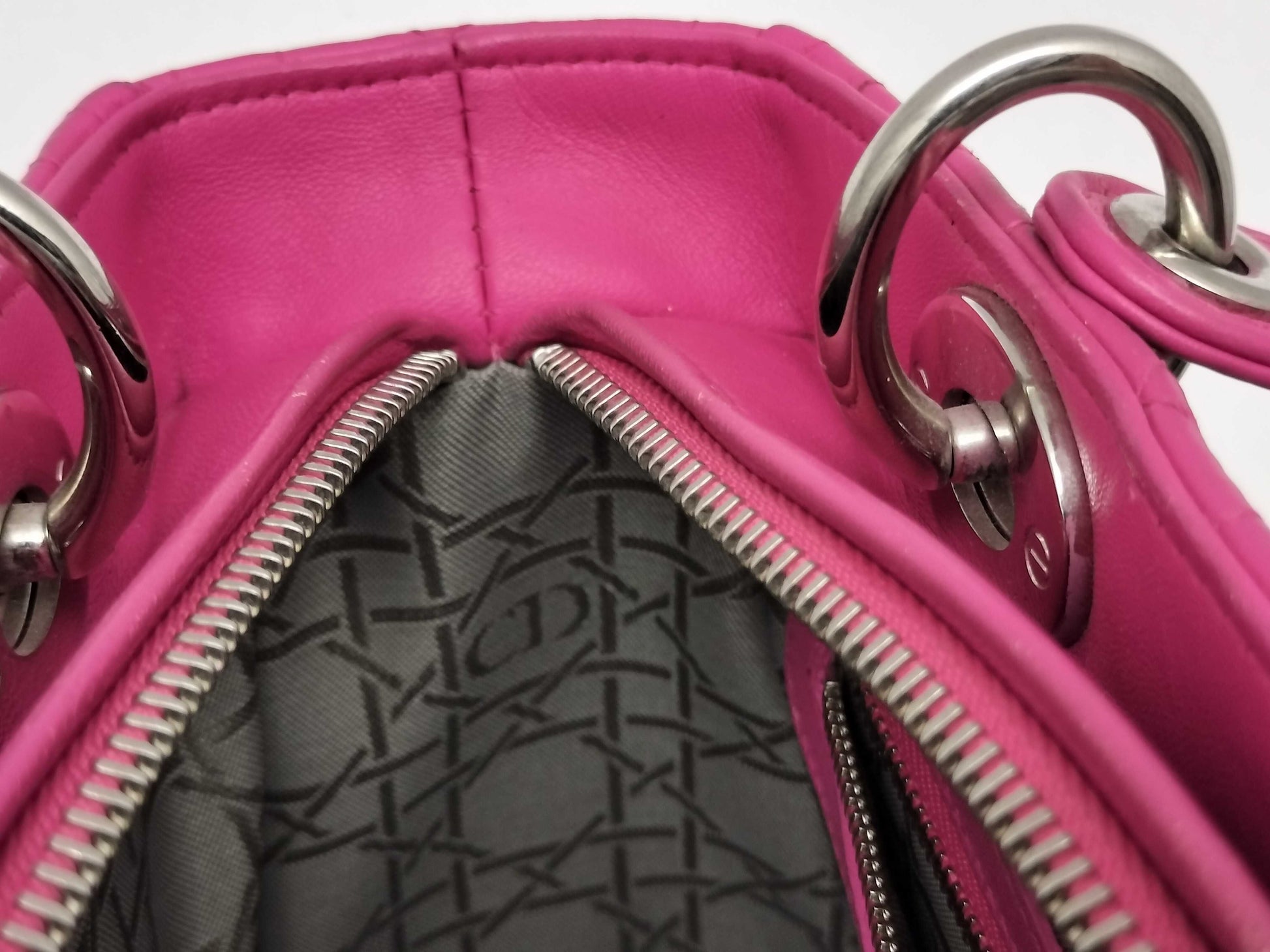 Dior Lady Dior Medium Zip Handbag in Fuchsia Cannage Lambskin Leather and Silver, 16-BO-1112