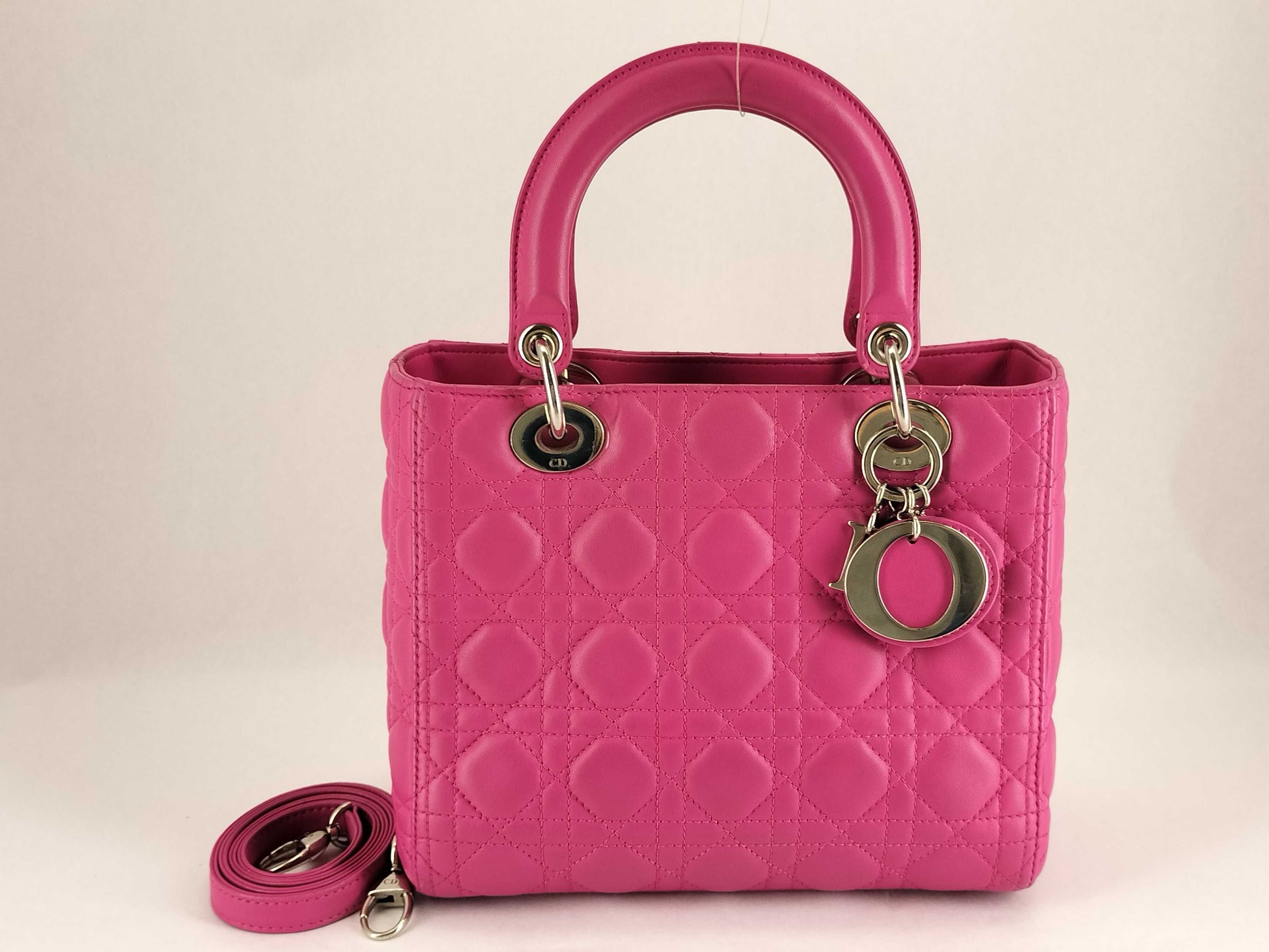 Dior Lady Dior Medium Zip Handbag in Fuchsia Cannage Lambskin Leather and Silver, 16-BO-1112