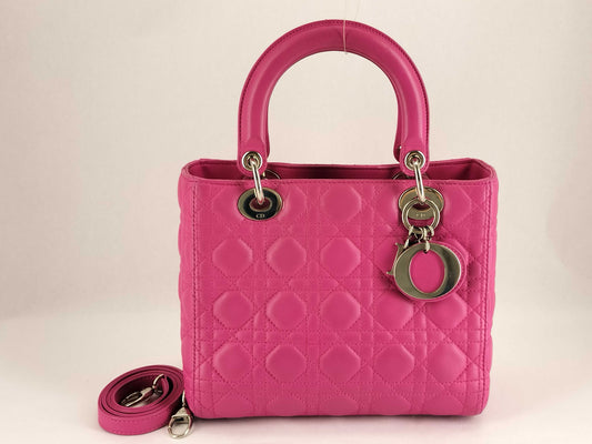 Dior Lady Dior Medium Zip Handbag in Fuchsia Cannage Lambskin Leather and Silver, 16-BO-1112