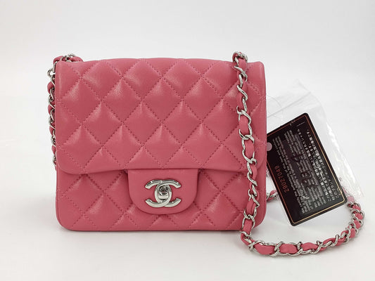 CHANEL Mini Square Classic Single Flap Shoulder Bag in Pink Quilted Lambskin Leather with Silver Hardware, 29027049 
