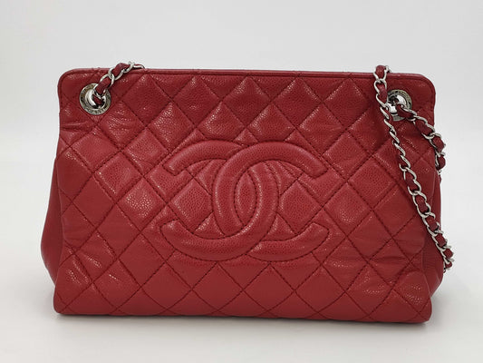 CHANEL CC Frame Chain Tote in Red Quilted Soft Caviar Leather with Silver Hardware, Item Number 17571728 