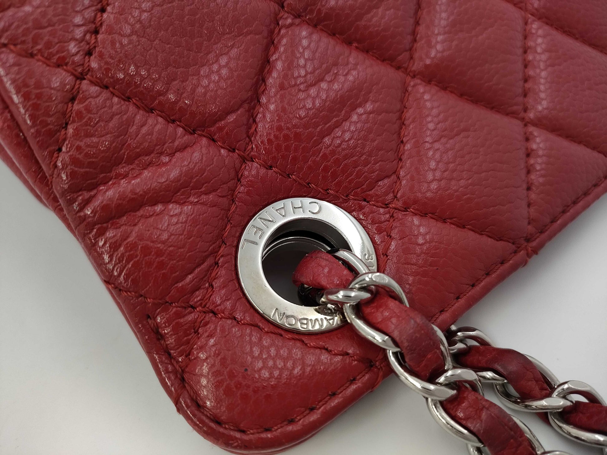 CHANEL CC Frame Chain Tote in Red Quilted Soft Caviar Leather with Silver Hardware, Item Number 17571728 