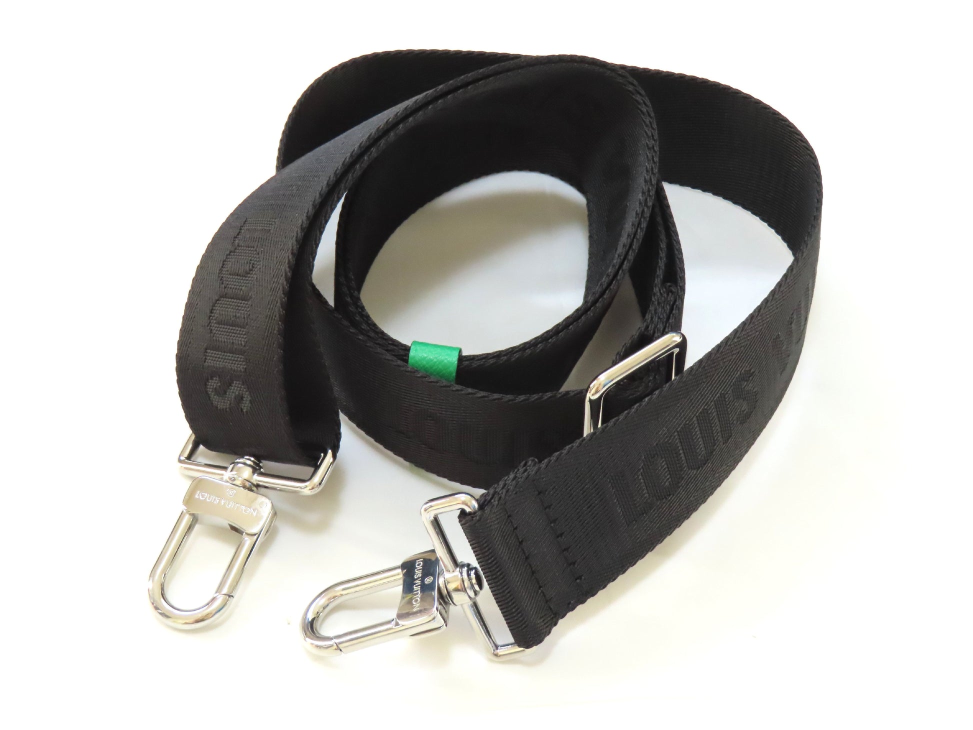 LOUIS VUITTON Louis Vuitton Signature Adjustable Strap, Black/Green, Silver Hardware, 95*4.5*0.5cm Strap