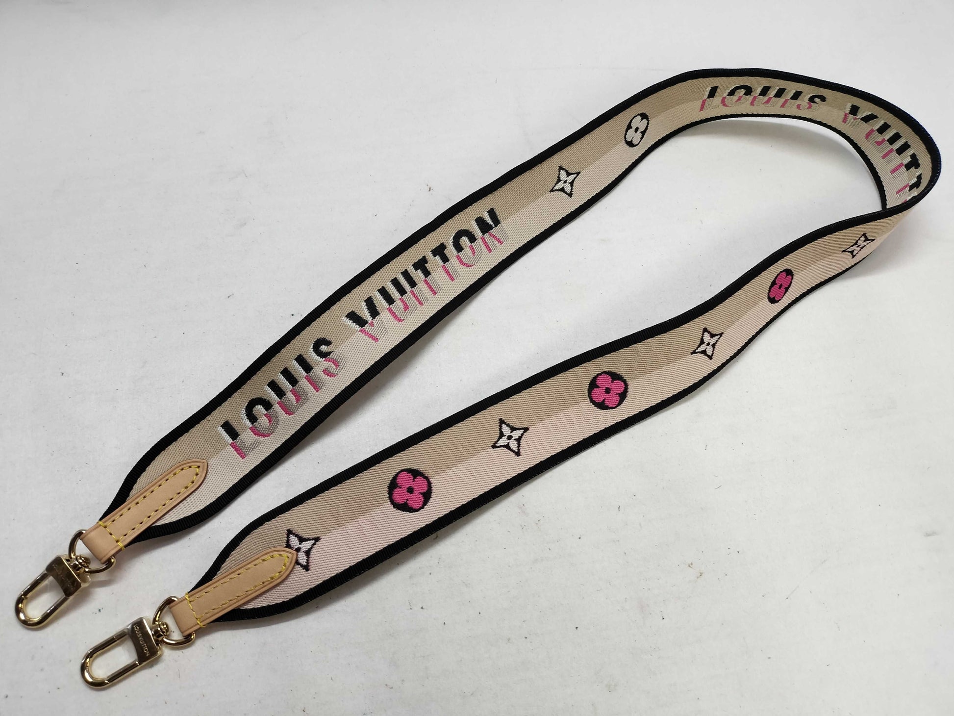 LOUIS VUITTON Signature Strap, Beige/Black/Pink, Signature Canvas, Gold Hardware, 95*4.5*.05cm Strap
