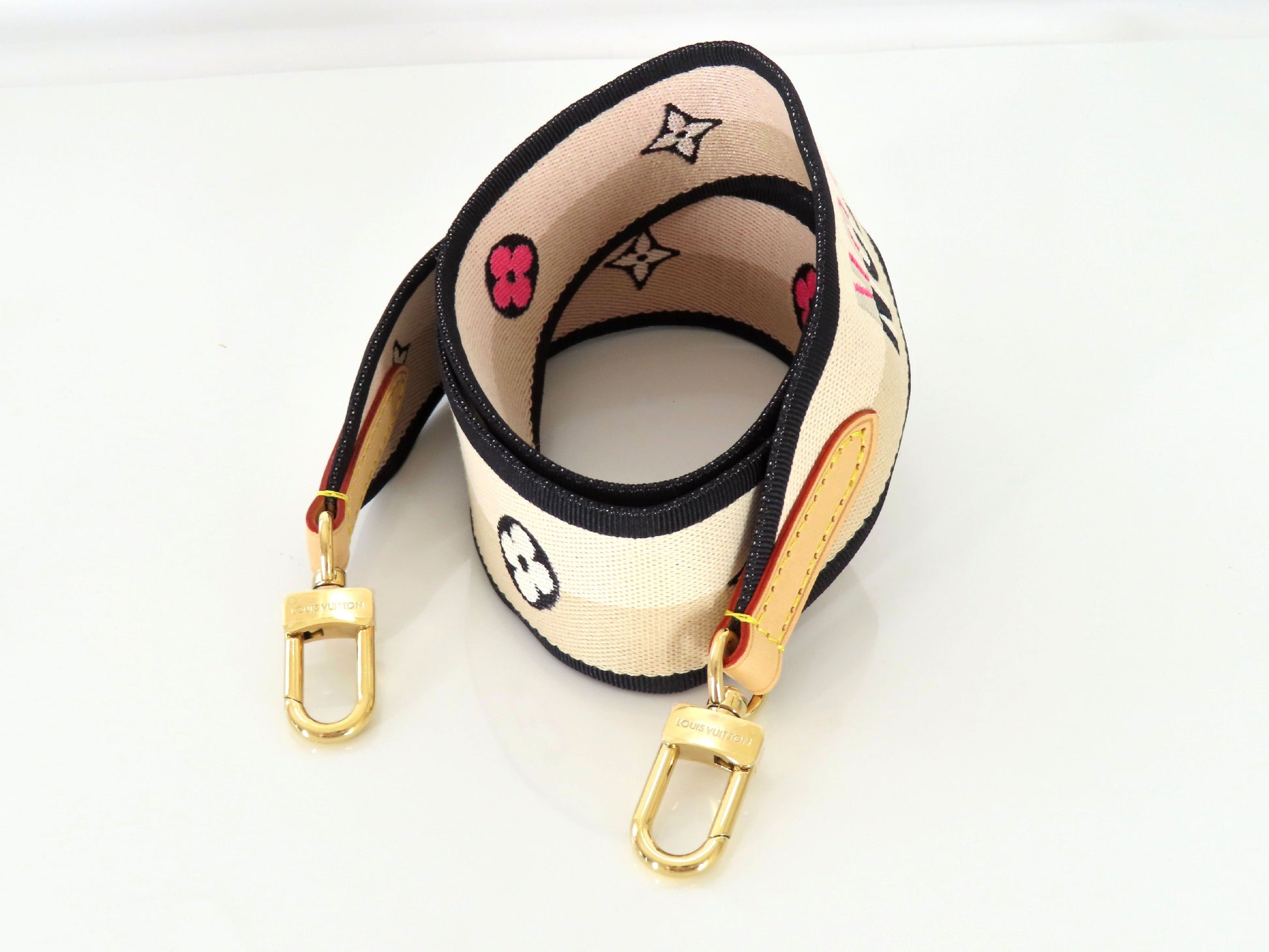 LOUIS VUITTON Signature Strap, Beige/Black/Pink, Signature Canvas, Gold Hardware, 95*4.5*.05cm Strap