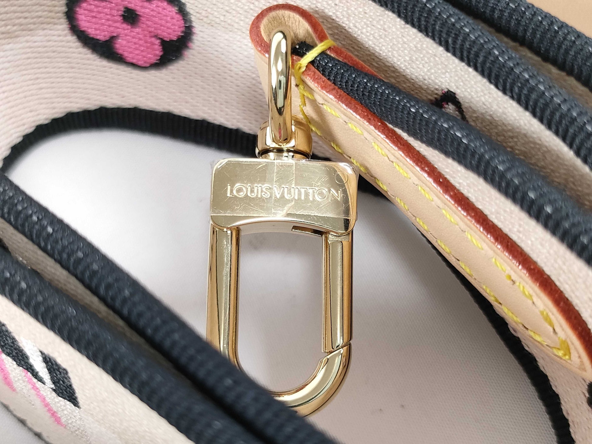 LOUIS VUITTON Signature Strap, Beige/Black/Pink, Signature Canvas, Gold Hardware, 95*4.5*.05cm Strap