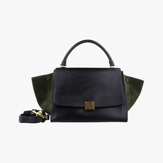 CELINE Trapeze Shoulder Bag in Medium Green and Black Leather and Suede 