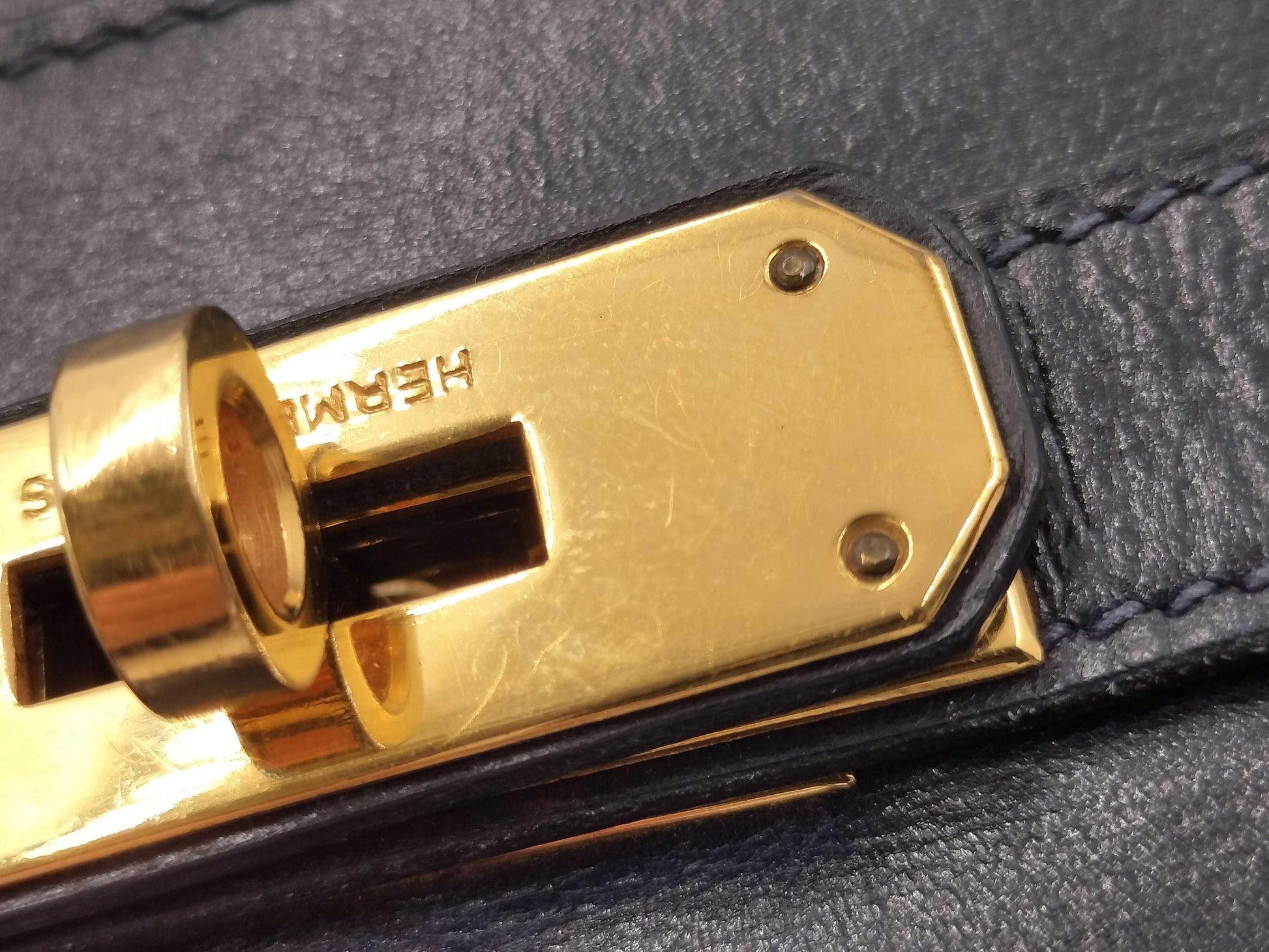 HERMES Kelly 28 Navy Box Calf Leather with Gold Hardware Handbag
