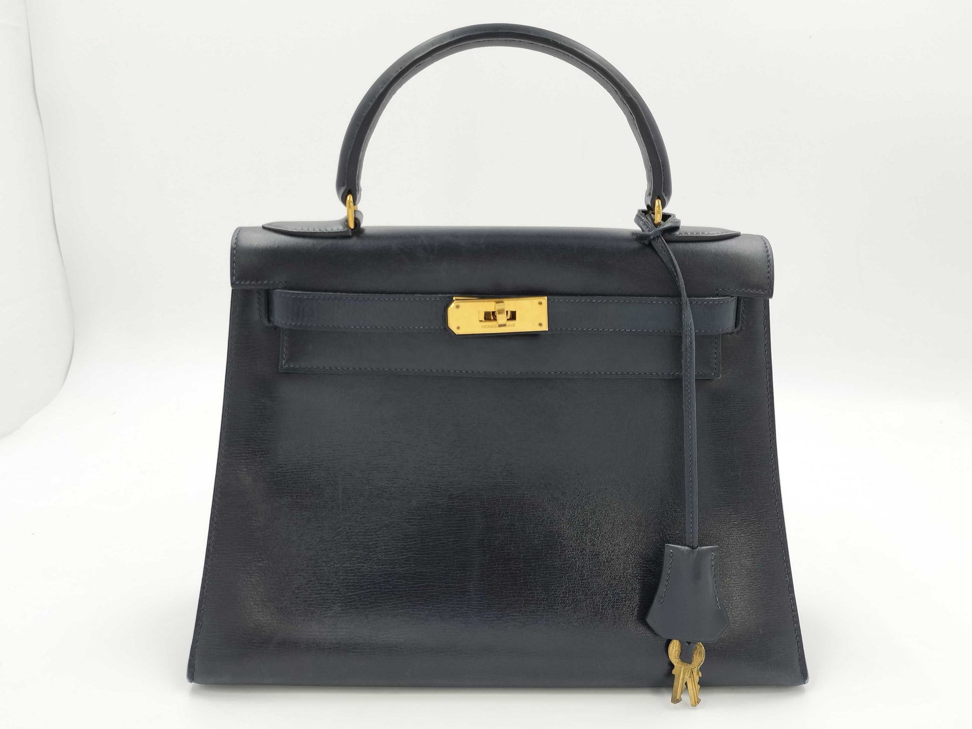 HERMES Kelly 28 Navy Box Calf Leather with Gold Hardware Handbag