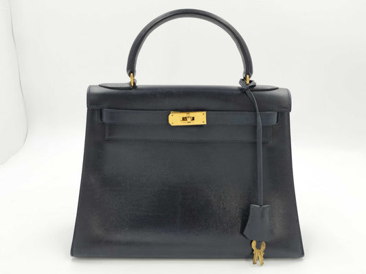 HERMES Kelly 28 Navy Box Calf Leather with Gold Hardware Handbag