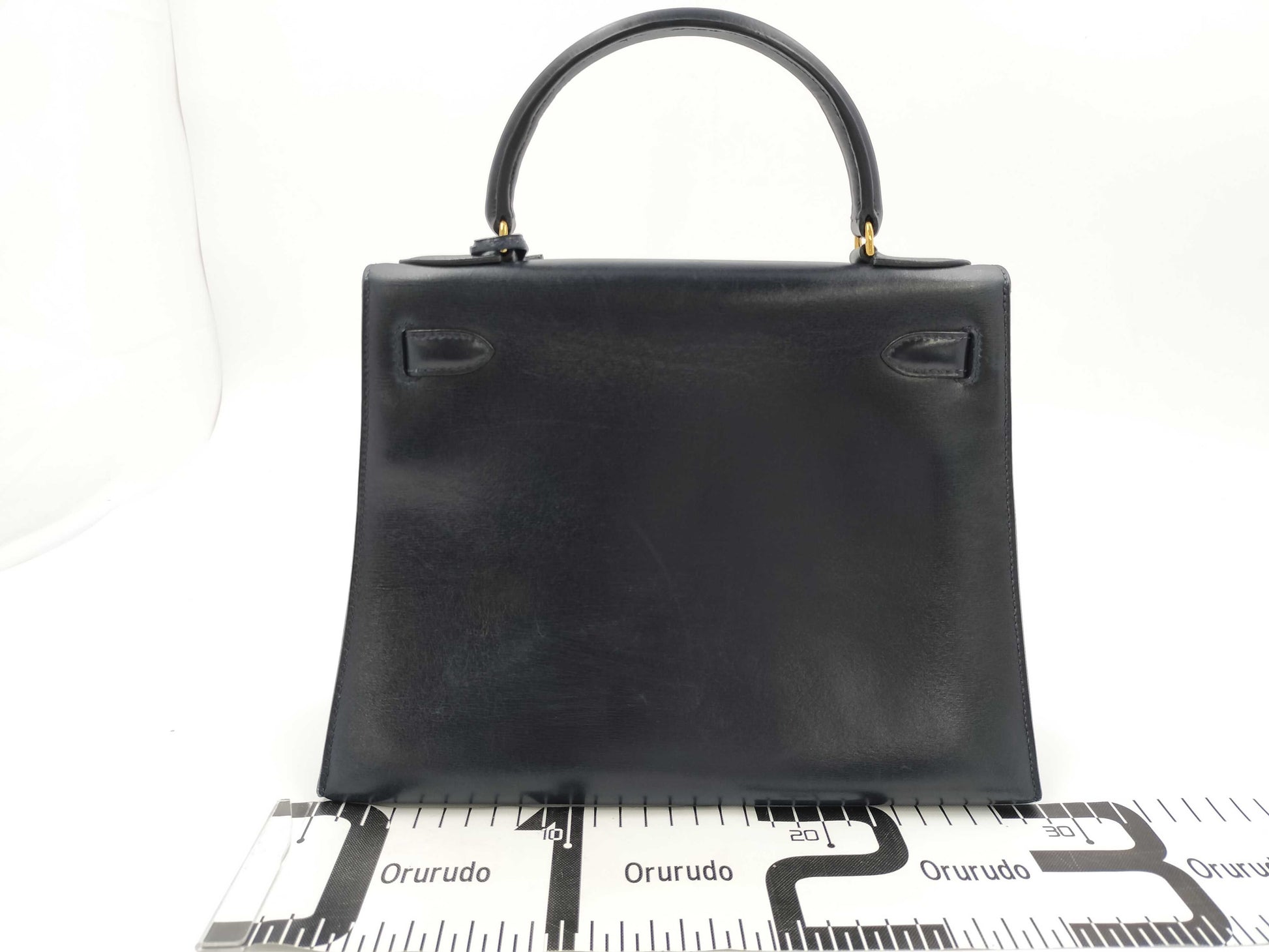 HERMES Kelly 28 Navy Box Calf Leather with Gold Hardware Handbag