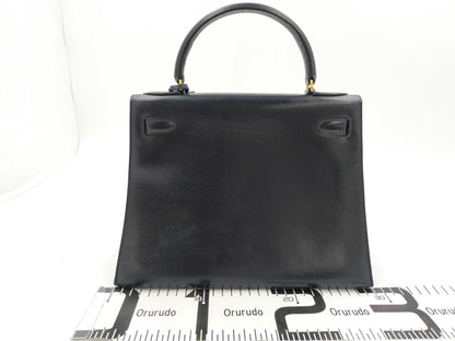 HERMES Kelly 28 Navy Box Calf Leather with Gold Hardware Handbag