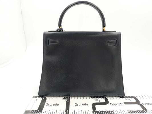 HERMES Kelly 28 Navy Box Calf Leather with Gold Hardware Handbag
