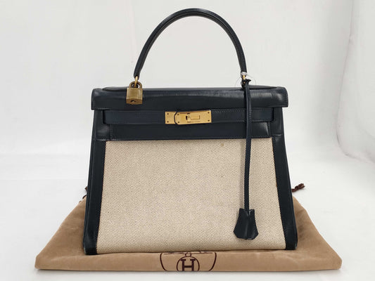 HERMES Kelly 28 Handbag, Toile H, Gold Hardware, Gold