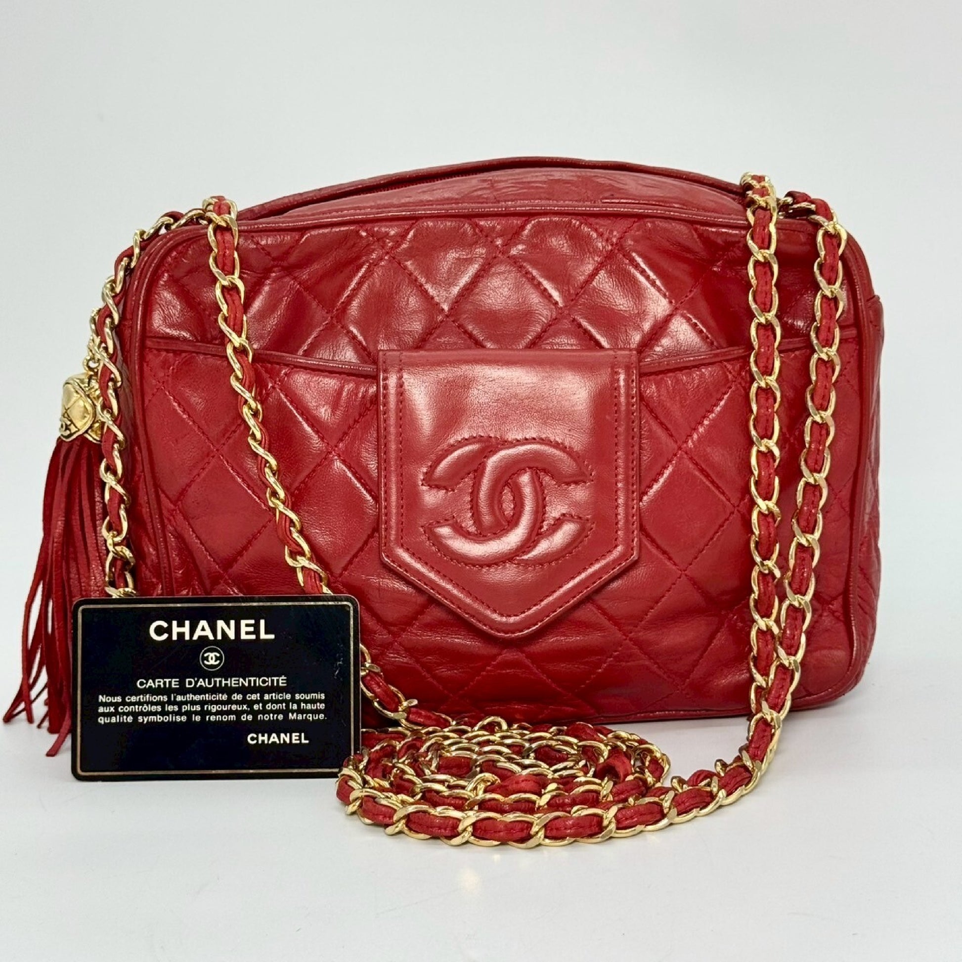 CHANEL Matelasse Lambskin Fringed Chain Shoulder Bag, Red, with Guarantee Card, 1719830 Shoulder Bag