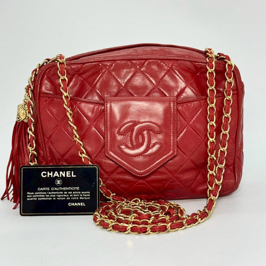 CHANEL Matelasse Lambskin Fringed Chain Shoulder Bag, Red, with Guarantee Card, 1719830 Shoulder Bag
