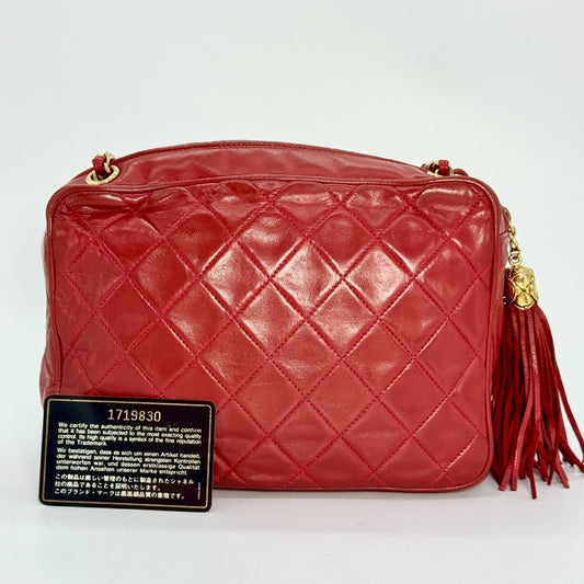 CHANEL Matelasse Lambskin Fringed Chain Shoulder Bag, Red, with Guarantee Card, 1719830 Shoulder Bag