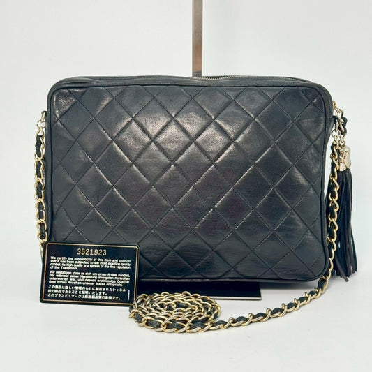 CHANEL Matelasse Lambskin Coco Mark Fringed Chain Shoulder Bag Black with Guarantee Card 3521923 Shoulder Bag