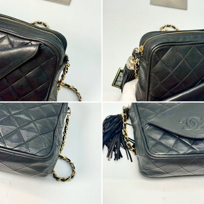 CHANEL Matelasse Lambskin Coco Mark Fringed Chain Shoulder Bag Black with Guarantee Card 3521923 Shoulder Bag